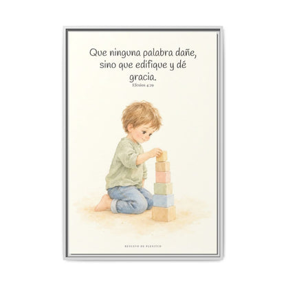Que mis labios edifiquen — Lienzo Cristiano Enmarcado | Efesios 4:29 — 24×36 pulgadas, marco blanco, vista frontal