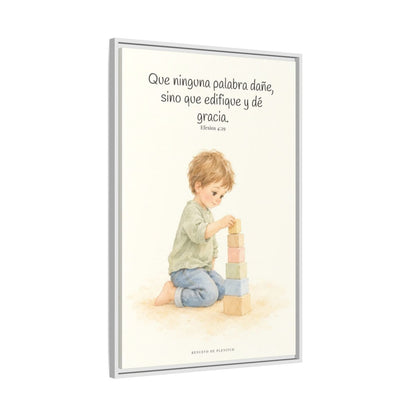 Que mis labios edifiquen — Lienzo Cristiano Enmarcado | Efesios 4:29 — 24×36 pulgadas, marco blanco, vista lateral del marco flotante