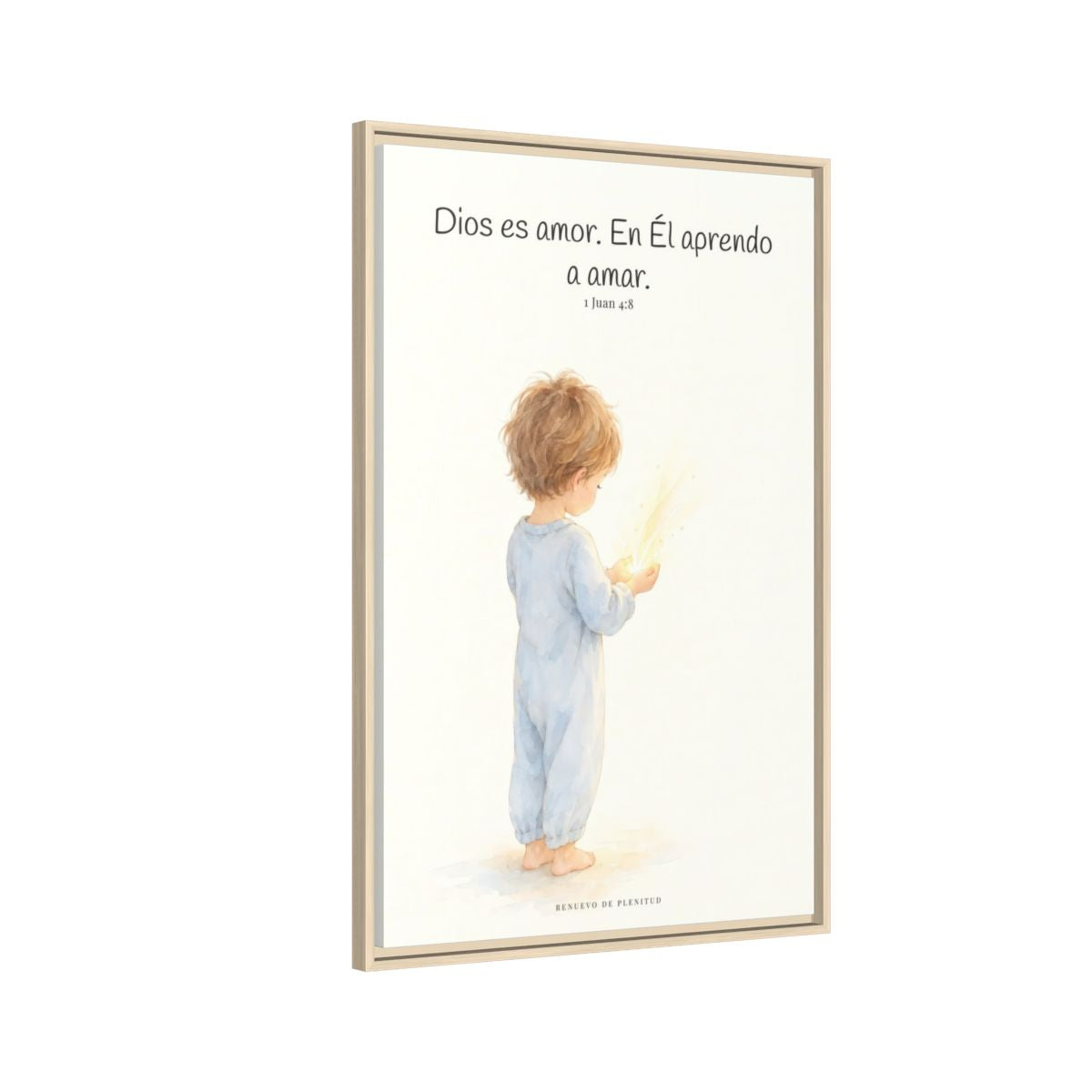Quien no ama no conoce a Dios, porque Dios es amor — Lienzo Cristiano Enmarcado | 1 Juan 4:8 — 24×36 pulgadas, marco natural, vista lateral del marco flotante