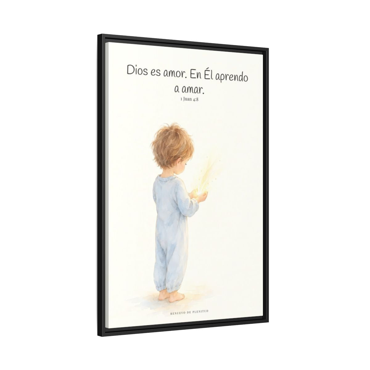 Quien no ama no conoce a Dios, porque Dios es amor — Lienzo Cristiano Enmarcado | 1 Juan 4:8 — 24×36 pulgadas, marco negro, vista lateral del marco flotante
