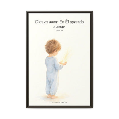 Quien no ama no conoce a Dios, porque Dios es amor — Lienzo Cristiano Enmarcado | 1 Juan 4:8 — 24×36 pulgadas, marco espresso, vista frontal