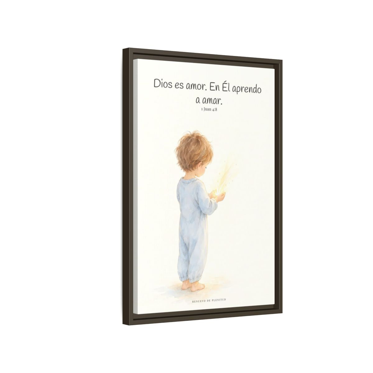 Quien no ama no conoce a Dios, porque Dios es amor — Lienzo Cristiano Enmarcado | 1 Juan 4:8 — 16×24 pulgadas, marco espresso, vista lateral del marco flotante