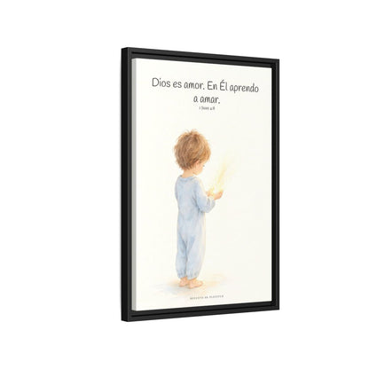 Quien no ama no conoce a Dios, porque Dios es amor — Lienzo Cristiano Enmarcado | 1 Juan 4:8 — 16×24 pulgadas, marco negro, vista lateral del marco flotante