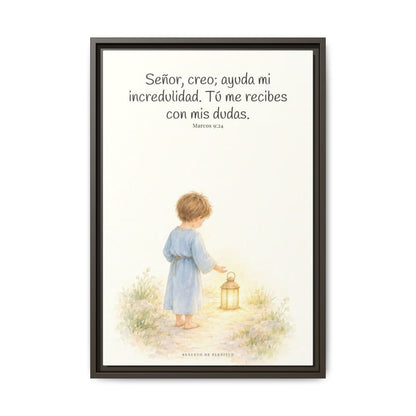Señor, creo; ayuda mi incredulidad — Lienzo Cristiano Enmarcado | Marcos 9:24 — 16×24 pulgadas, marco espresso, vista frontal