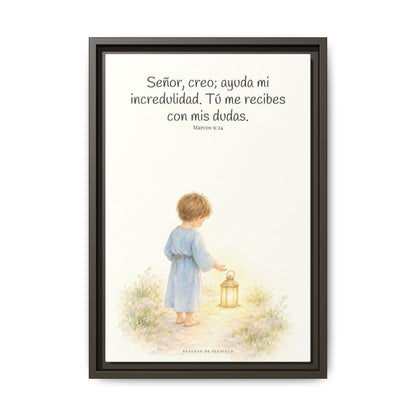 Señor, creo; ayuda mi incredulidad — Lienzo Cristiano Enmarcado | Marcos 9:24 — 12×18 pulgadas, marco espresso, vista frontal
