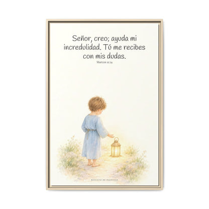 Señor, creo; ayuda mi incredulidad — Lienzo Cristiano Enmarcado | Marcos 9:24 — 24×36 pulgadas, marco natural, vista frontal