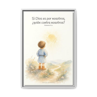 Si Dios es por nosotros, ¿quién contra nosotros? — Lienzo Cristiano Enmarcado | Romanos 8:31 — 16×24 pulgadas, marco blanco, vista frontal