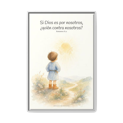 Si Dios es por nosotros, ¿quién contra nosotros? — Lienzo Cristiano Enmarcado | Romanos 8:31 — 24×36 pulgadas, marco blanco, vista frontal