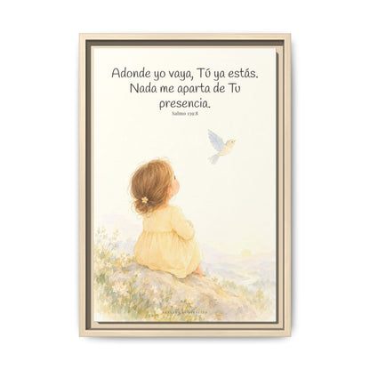 Si subo a los cielos, allí estás Tú — Lienzo Cristiano Enmarcado | Salmo 139:8 — 12×18 pulgadas, marco natural, vista frontal