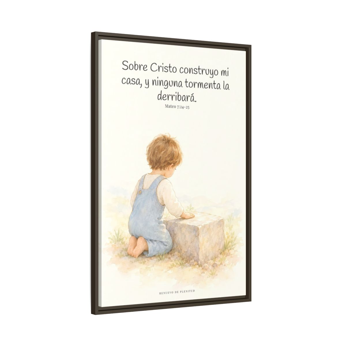 Sobre Cristo construyo mi casa — Lienzo Cristiano Enmarcado | Mateo 7:24-25 — 24×36 pulgadas, marco espresso, vista lateral del marco flotante