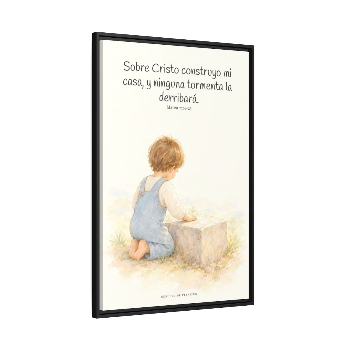 Sobre Cristo construyo mi casa — Lienzo Cristiano Enmarcado | Mateo 7:24-25 — 24×36 pulgadas, marco negro, vista lateral del marco flotante