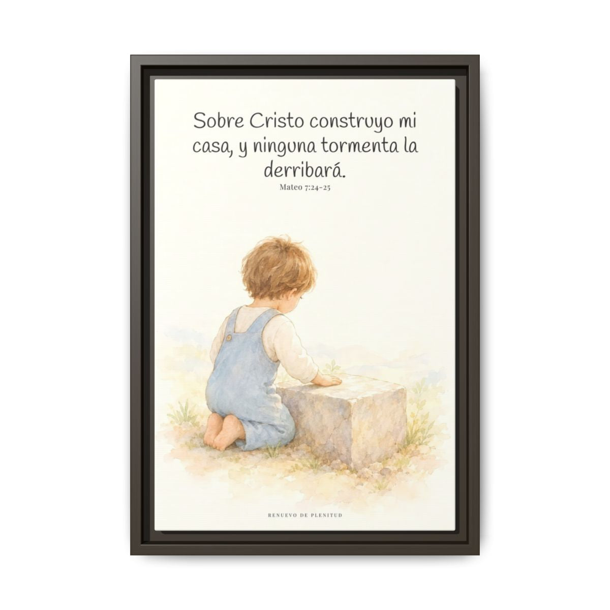 Sobre Cristo construyo mi casa — Lienzo Cristiano Enmarcado | Mateo 7:24-25 — 12×18 pulgadas, marco espresso, vista frontal