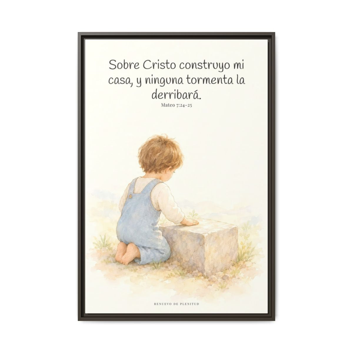Sobre Cristo construyo mi casa — Lienzo Cristiano Enmarcado | Mateo 7:24-25 — 24×36 pulgadas, marco espresso, vista frontal