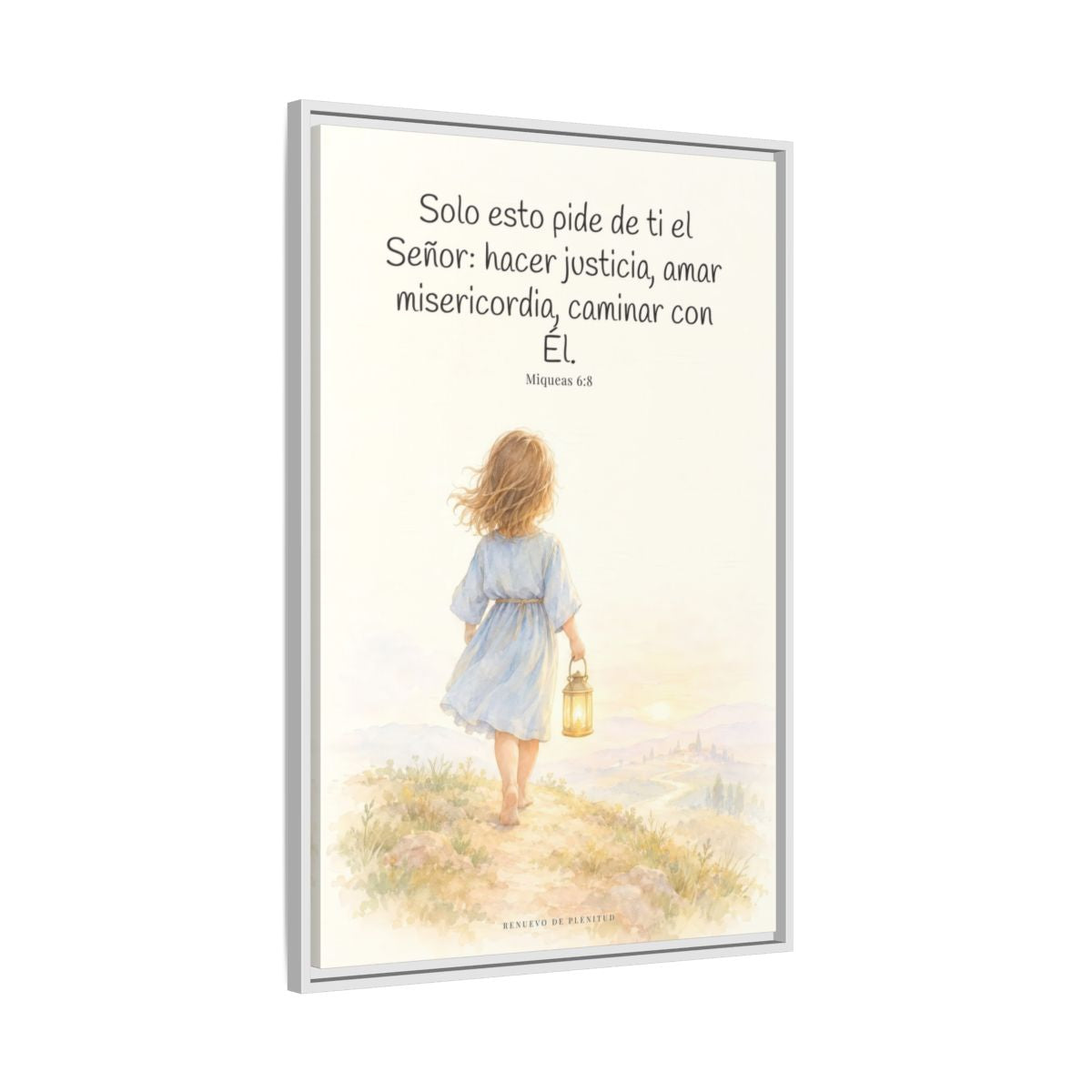 Solo esto pide de ti el Señor — Lienzo Cristiano Enmarcado | Miqueas 6:8 — 24×36 pulgadas, marco blanco, vista lateral del marco flotante