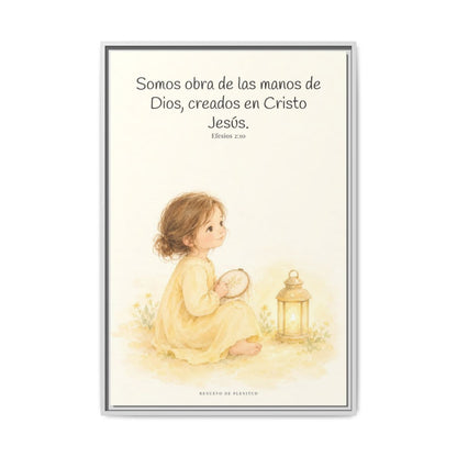 Somos obra de las manos de Dios — Lienzo Cristiano Enmarcado | Efesios 2:10 — 24×36 pulgadas, marco blanco, vista frontal