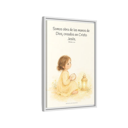 Somos obra de las manos de Dios — Lienzo Cristiano Enmarcado | Efesios 2:10 — 16×24 pulgadas, marco blanco, vista lateral del marco flotante