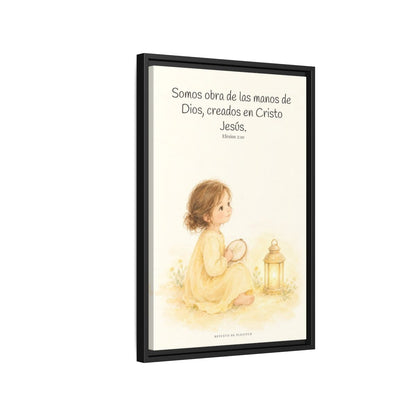 Somos obra de las manos de Dios — Lienzo Cristiano Enmarcado | Efesios 2:10 — 16×24 pulgadas, marco negro, vista lateral del marco flotante