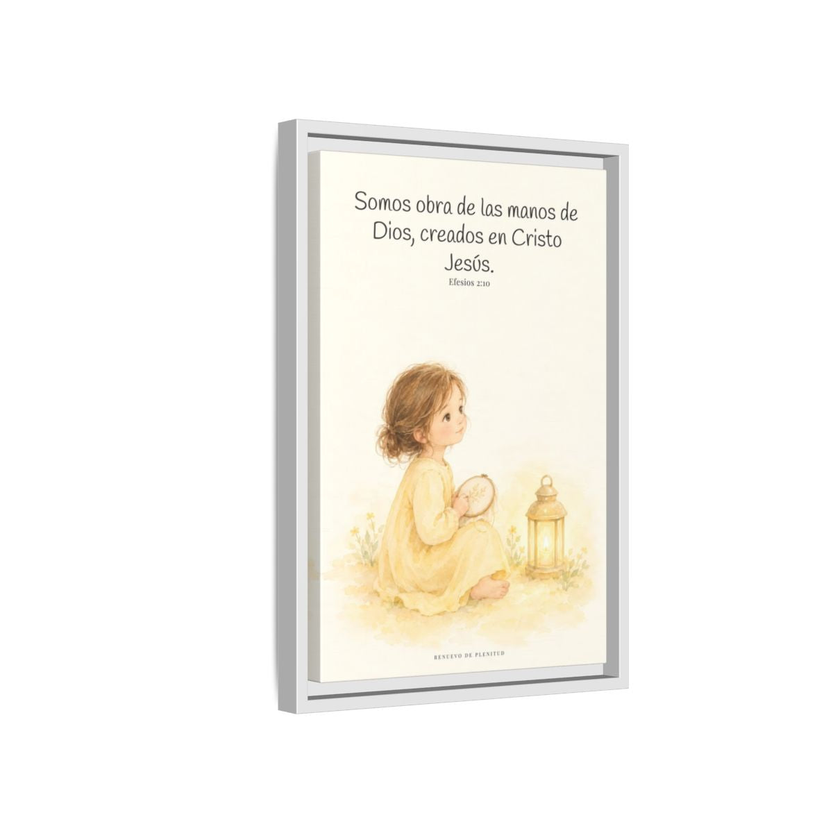 Somos obra de las manos de Dios — Lienzo Cristiano Enmarcado | Efesios 2:10 — 12×18 pulgadas, marco blanco, vista lateral del marco flotante