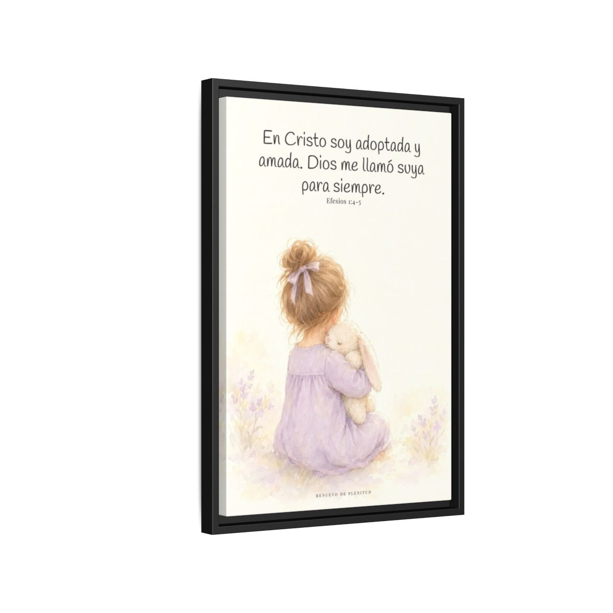 Soy hija amada de Dios en Cristo — Lienzo Cristiano Enmarcado | Efesios 1:4-5 — 16×24 pulgadas, marco negro, vista lateral del marco flotante