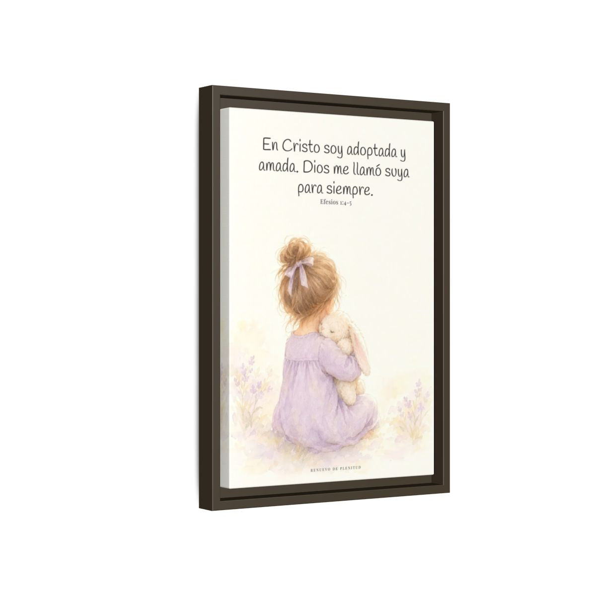 Soy hija amada de Dios en Cristo — Lienzo Cristiano Enmarcado | Efesios 1:4-5 — 12×18 pulgadas, marco espresso, vista lateral del marco flotante