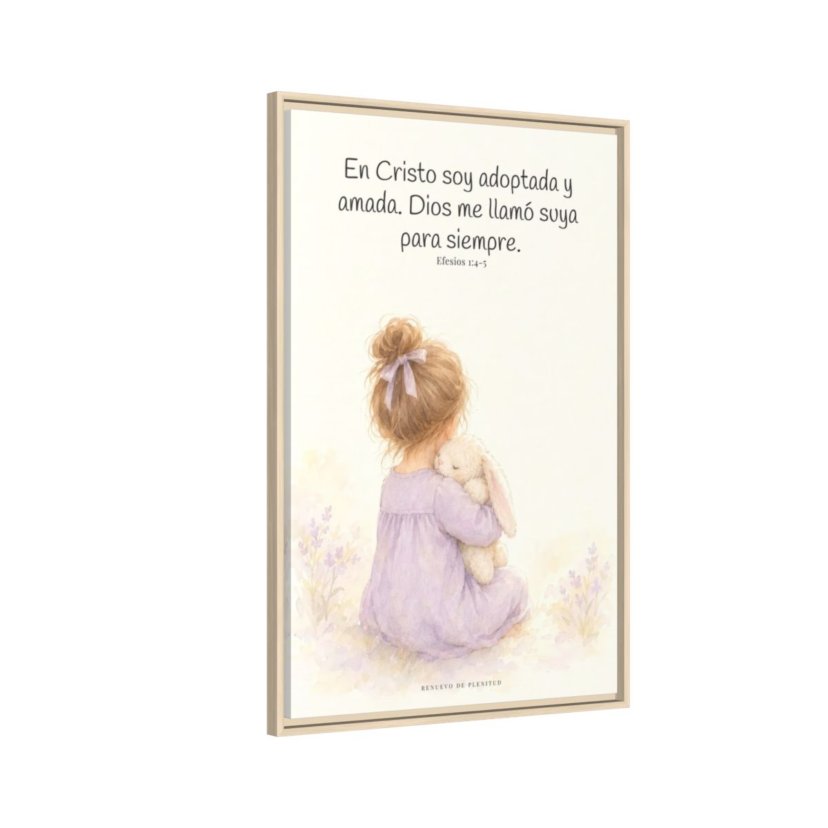 Soy hija amada de Dios en Cristo — Lienzo Cristiano Enmarcado | Efesios 1:4-5 — 24×36 pulgadas, marco natural, vista lateral del marco flotante