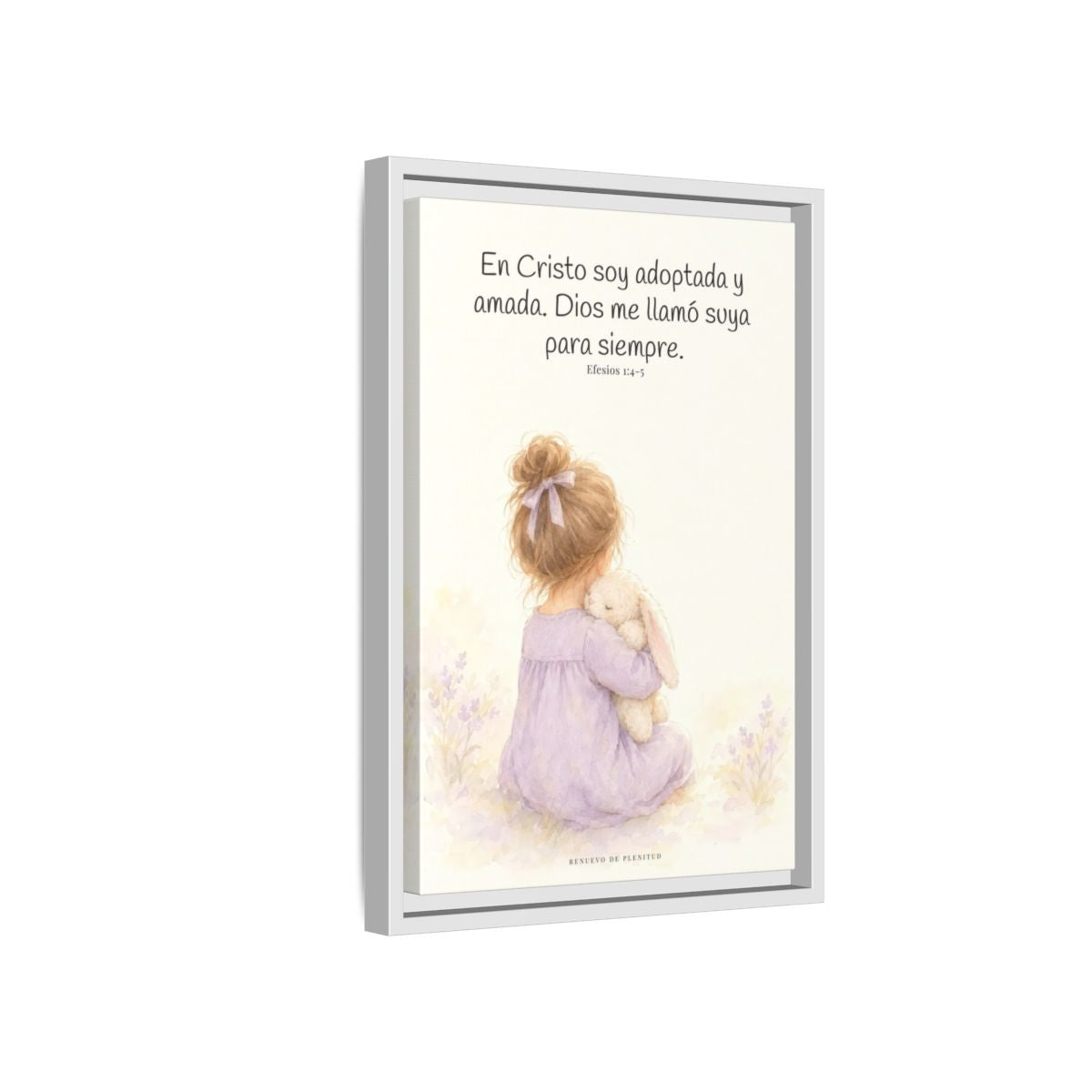 Soy hija amada de Dios en Cristo — Lienzo Cristiano Enmarcado | Efesios 1:4-5 — 12×18 pulgadas, marco blanco, vista lateral del marco flotante