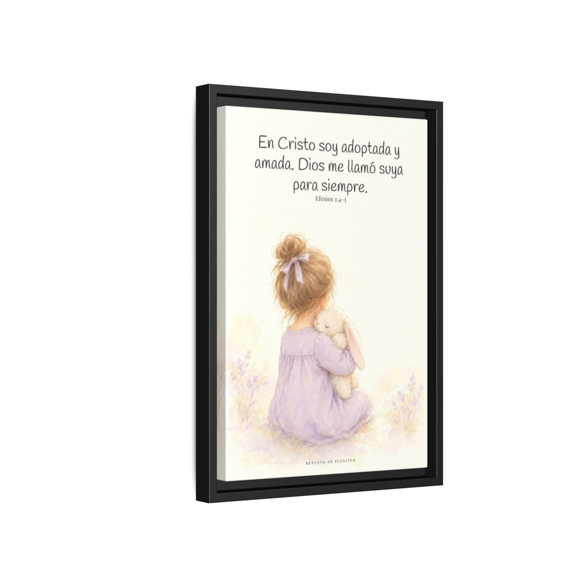 Soy hija amada de Dios en Cristo — Lienzo Cristiano Enmarcado | Efesios 1:4-5 — 12×18 pulgadas, marco negro, vista lateral del marco flotante