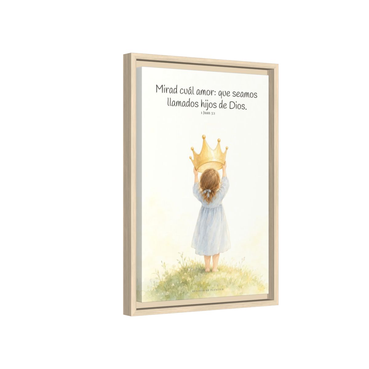 Soy hija amada de Dios — Lienzo Cristiano Enmarcado | 1 Juan 3:1 — 12×18 pulgadas, marco natural, vista lateral del marco flotante