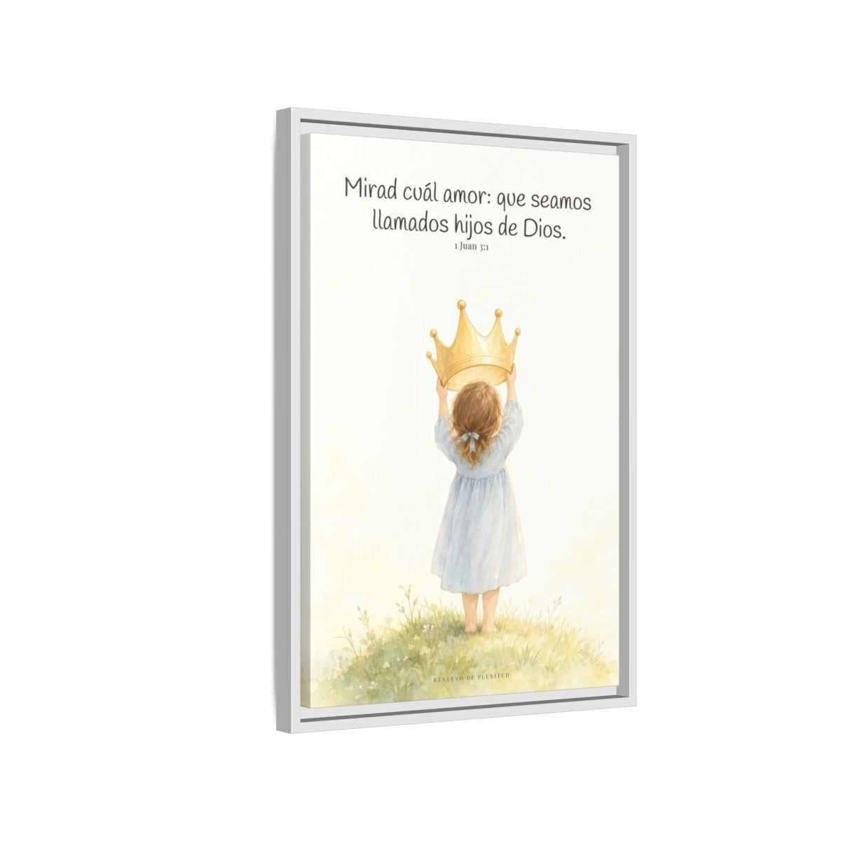 Soy hija amada de Dios — Lienzo Cristiano Enmarcado | 1 Juan 3:1 — 16×24 pulgadas, marco blanco, vista lateral del marco flotante