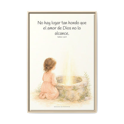 Su amor me alcanza donde yo no puedo | Cuadro de inspiración bíblica | Salmo 139:8 — 24×36 pulgadas, marco natural, vista frontal