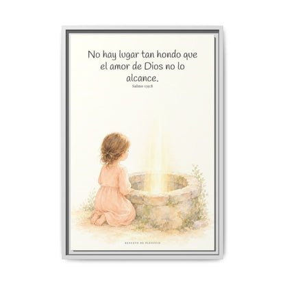 Su amor me alcanza donde yo no puedo | Cuadro de inspiración bíblica | Salmo 139:8 — 16×24 pulgadas, marco blanco, vista frontal