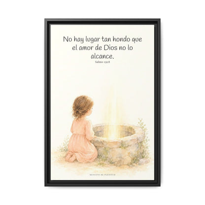 Su amor me alcanza donde yo no puedo | Cuadro de inspiración bíblica | Salmo 139:8 — 16×24 pulgadas, marco negro, vista frontal