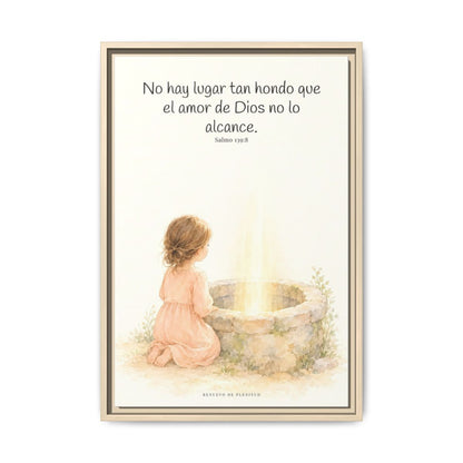 Su amor me alcanza donde yo no puedo | Cuadro de inspiración bíblica | Salmo 139:8 — 16×24 pulgadas, marco natural, vista frontal