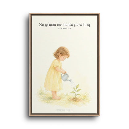 Su gracia me basta para hoy | Decoración de fe para pared | 2 Corintios 12:9 — 24×36 pulgadas, marco natural, vista frontal