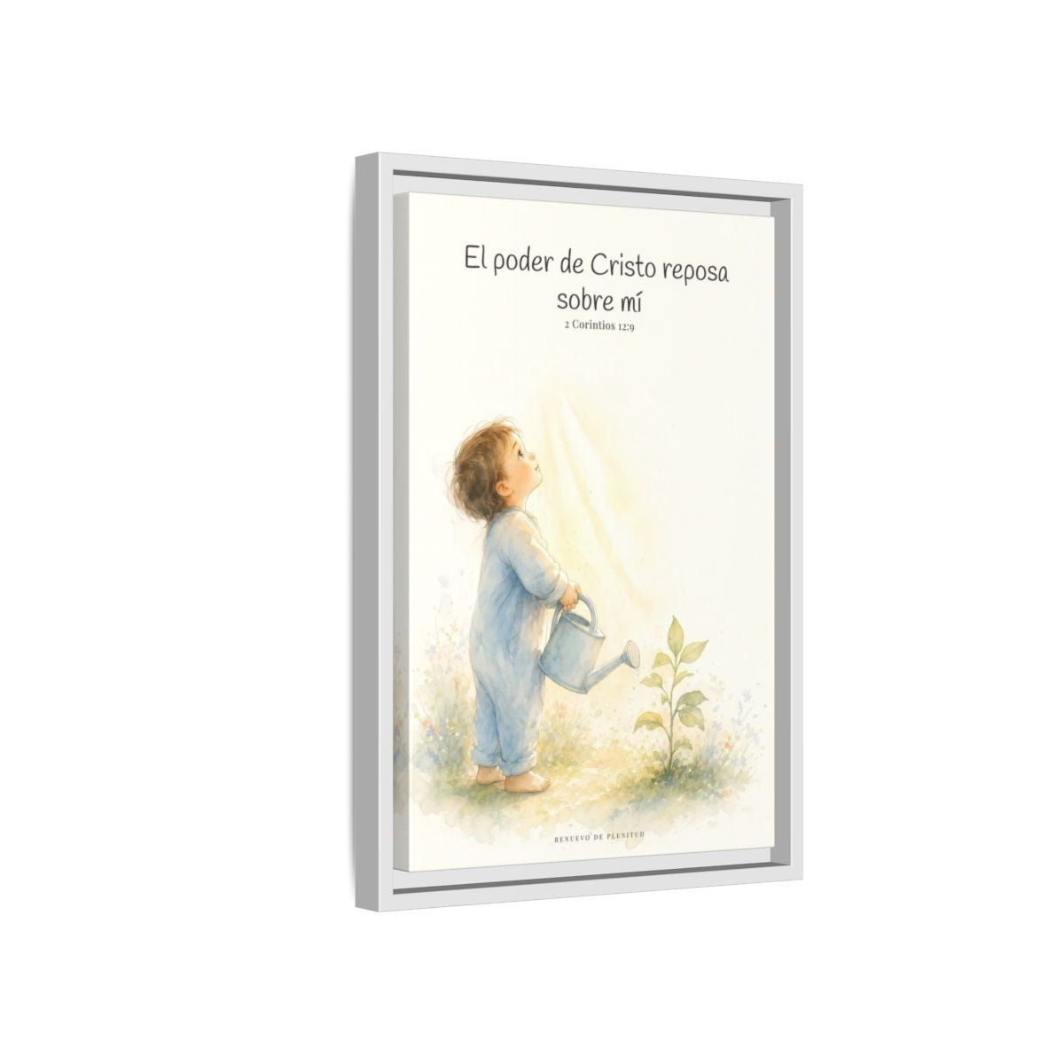 Su poder descansa sobre mí — Lienzo Cristiano Enmarcado | 2 Corintios 12:9 — 12×18 pulgadas, marco blanco, vista lateral del marco flotante