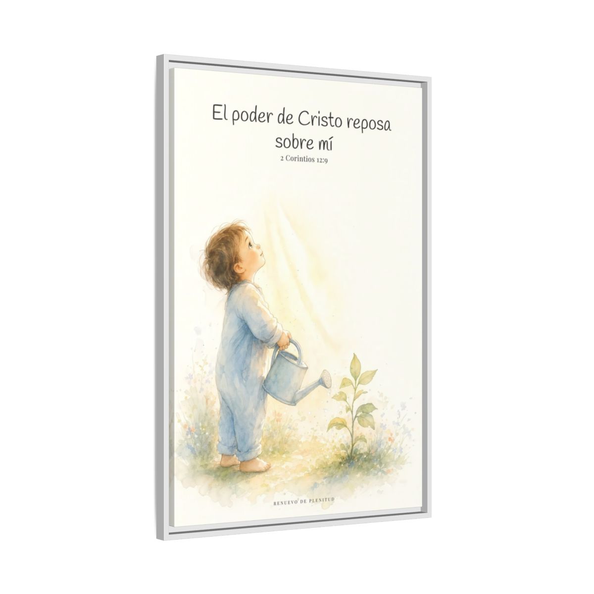 Su poder descansa sobre mí — Lienzo Cristiano Enmarcado | 2 Corintios 12:9 — 24×36 pulgadas, marco blanco, vista lateral del marco flotante