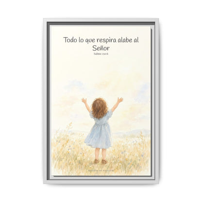 Todo lo que respira alabe a Jehová — Lienzo Cristiano Enmarcado | Salmo 150:6 — 12×18 pulgadas, marco blanco, vista frontal