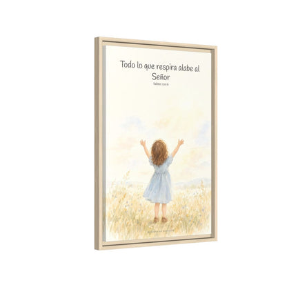 Todo lo que respira alabe a Jehová — Lienzo Cristiano Enmarcado | Salmo 150:6 — 16×24 pulgadas, marco natural, vista lateral del marco flotante