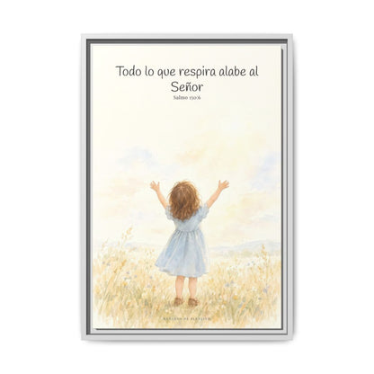 Todo lo que respira alabe a Jehová — Lienzo Cristiano Enmarcado | Salmo 150:6 — 16×24 pulgadas, marco blanco, vista frontal