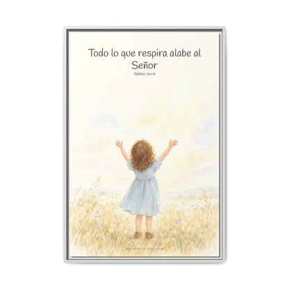 Todo lo que respira alabe a Jehová — Lienzo Cristiano Enmarcado | Salmo 150:6 — 24×36 pulgadas, marco blanco, vista frontal