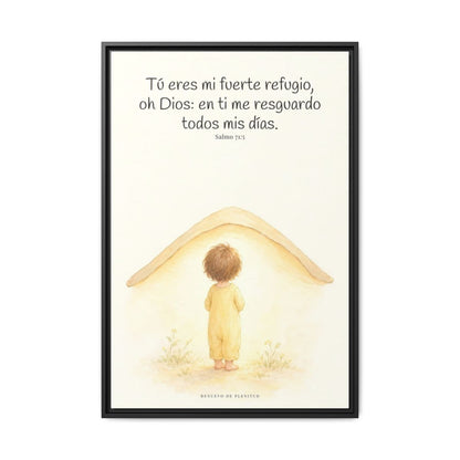 Tú eres mi fuerte refugio, oh Dios — Lienzo Cristiano Enmarcado | Salmo 71:5 — 24×36 pulgadas, marco negro, vista frontal