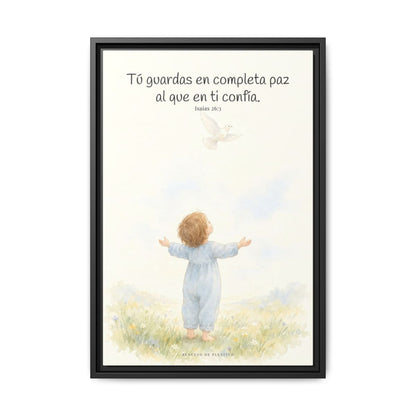 Tú guardas en paz al que confía en ti — Lienzo Cristiano Enmarcado | Isaías 26:3 — 16×24 pulgadas, marco negro, vista frontal