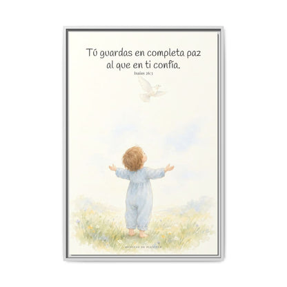 Tú guardas en paz al que confía en ti — Lienzo Cristiano Enmarcado | Isaías 26:3 — 24×36 pulgadas, marco blanco, vista frontal
