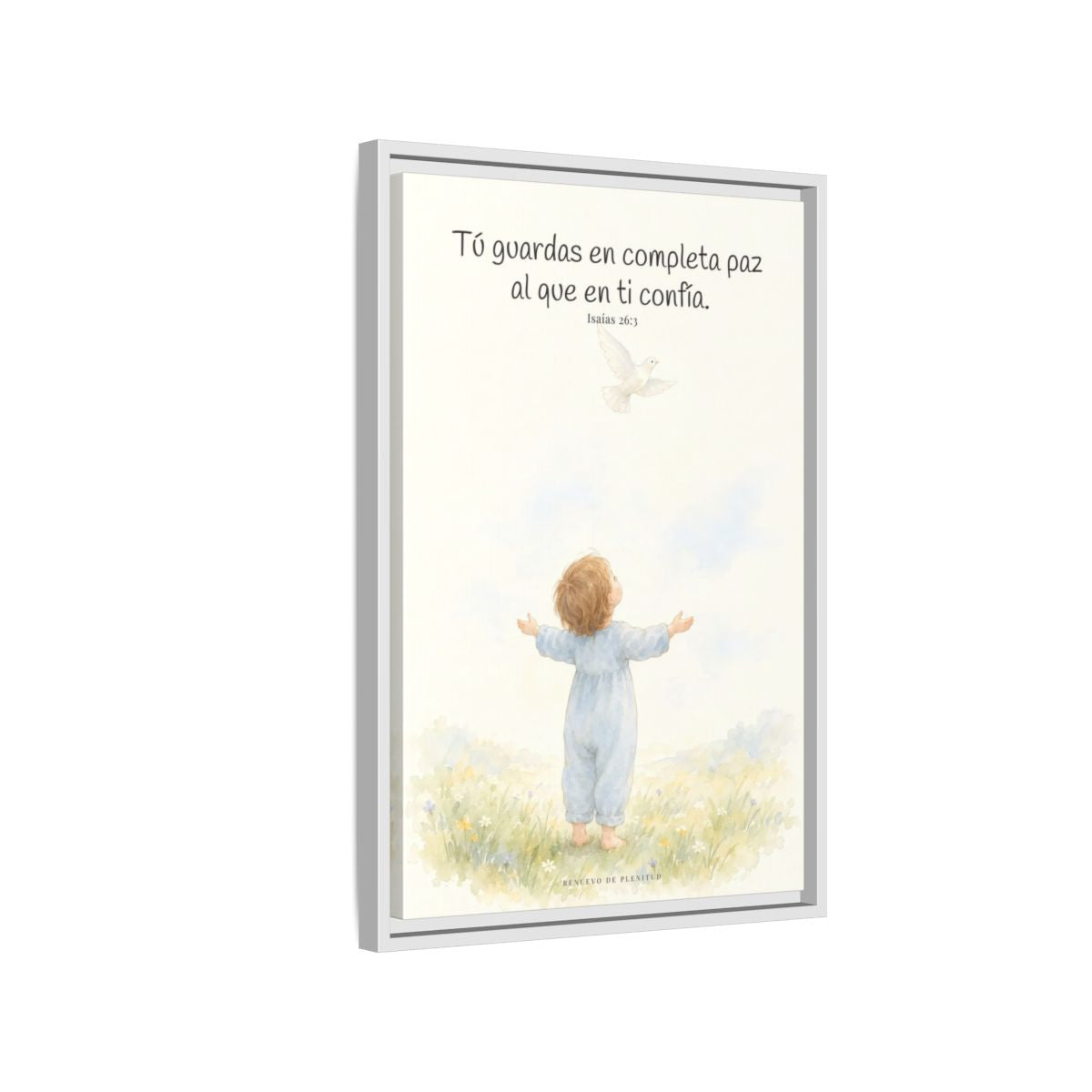 Tú guardas en paz al que confía en ti — Lienzo Cristiano Enmarcado | Isaías 26:3 — 16×24 pulgadas, marco blanco, vista lateral del marco flotante
