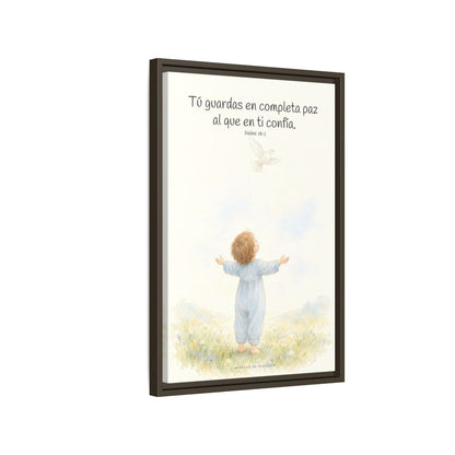 Tú guardas en paz al que confía en ti — Lienzo Cristiano Enmarcado | Isaías 26:3 — 16×24 pulgadas, marco espresso, vista lateral del marco flotante