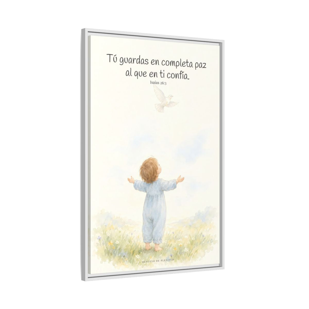 Tú guardas en paz al que confía en ti — Lienzo Cristiano Enmarcado | Isaías 26:3 — 24×36 pulgadas, marco blanco, vista lateral del marco flotante