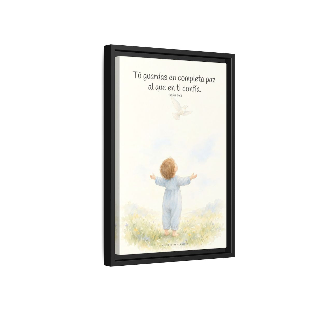 Tú guardas en paz al que confía en ti — Lienzo Cristiano Enmarcado | Isaías 26:3 — 12×18 pulgadas, marco negro, vista lateral del marco flotante