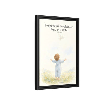Tú guardas en paz al que confía en ti — Lienzo Cristiano Enmarcado | Isaías 26:3 — 12×18 pulgadas, marco negro, vista lateral del marco flotante