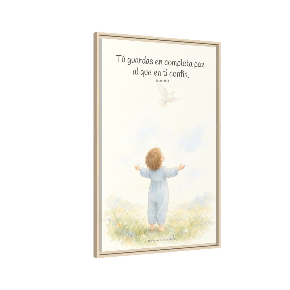 Tú guardas en paz al que confía en ti — Lienzo Cristiano Enmarcado | Isaías 26:3 — 24×36 pulgadas, marco natural, vista lateral del marco flotante