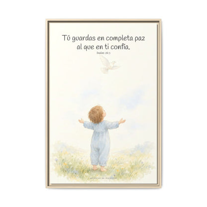 Tú guardas en paz al que confía en ti — Lienzo Cristiano Enmarcado | Isaías 26:3 — 24×36 pulgadas, marco natural, vista frontal